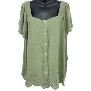 Torrid Women Plus 1 1X Blouse Green Button-Up Top Short Sleeve Square Nec New